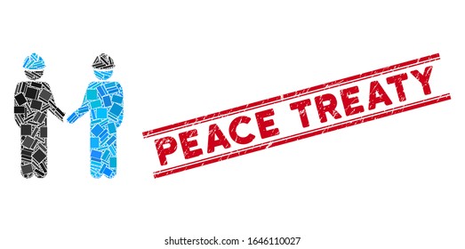 Mosaic engineer persons handshake icon and red Peace Treaty seal between double parallel lines. Flat vector engineer persons handshake mosaic icon of random rotated rectangle elements.