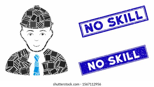 Mosaic engineer pictogram and rectangle seals. Flat vector engineer mosaic pictogram of randomized rotated rectangular items. Blue caption seals with scratched surface.