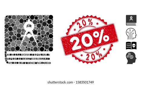 Mosaic engineering book icon and rubber stamp seal with 20% text. Mosaic vector is composed with engineering book icon and with random circle items. 20% stamp uses red color, and grunged design.