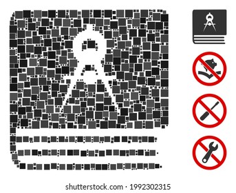 Mosaic Engineering book icon united from square items in variable sizes and color hues. Vector square items are grouped into abstract mosaic engineering book icon. Bonus icons are placed.