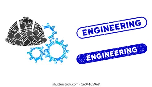 Mosaic engineering helmet and gears and corroded stamp watermarks with Engineering caption. Mosaic vector engineering helmet and gears is designed with random rectangle items.