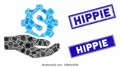 Mosaic engineering service price icon and rectangular Hippie seal stamps. Flat vector engineering service price mosaic icon of random rotated rectangular items.