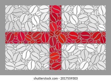 Mosaic England flag is created of cocoa seed icons. Vector coffee collage England flag done for cafeteria labels. England flag collage is created of scattered cocoa beans.
