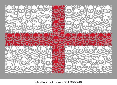 Mosaic England flag designed of skull elements. Death vector rectangular collage England flag designed for hacker purposes. Designed for political and patriotic doctrines.
