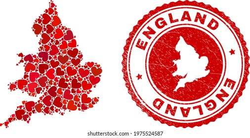 Mosaic England map designed with red love hearts, and textured stamp. Vector lovely round red rubber seal stamp imitation with England map inside.