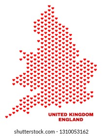 Mosaic England map of heart hearts in red color isolated on a white background. Regular red heart pattern in shape of England map. Abstract design for Valentine illustrations.