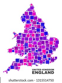 Mosaic England map isolated on a white background. Vector geographic abstraction in pink and violet colors. Mosaic of England map combined of random square items.