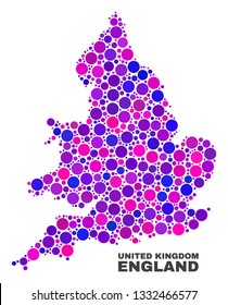 Mosaic England map isolated on a white background. Vector geographic abstraction in pink and violet colors. Mosaic of England map combined of scattered spheric items.