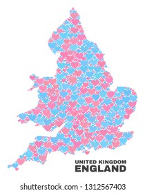 Mosaic England map of love hearts in pink and blue colors isolated on a white background. Lovely heart collage in shape of England map. Abstract design for Valentine decoration.