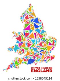 Mosaic England map of triangles in bright colors isolated on a white background. Triangular collage in shape of England map. Abstract design for patriotic illustrations.