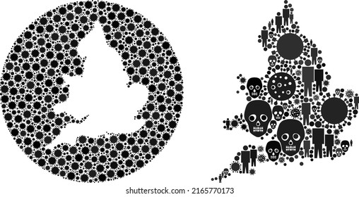 Mosaic England map united from SARS virus icons and population and mortal icons. Evil virus England map mosaic created with circle and subtracted space. Collages created for health care agitation.