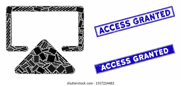 Mosaic enter pictogram and rectangle seal stamps. Flat vector enter mosaic pictogram of random rotated rectangle elements. Blue caption seal stamps with distress textures.