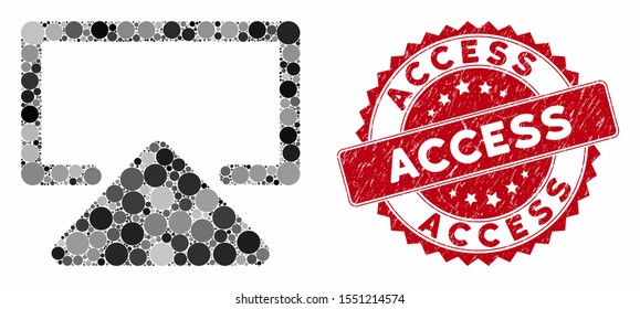 Mosaic enter and rubber stamp watermark with Access text. Mosaic vector is formed with enter icon and with scattered circle items. Access stamp uses red color, and rubber design.