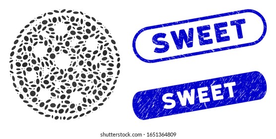 Mosaic entire pizza and grunge stamp seals with Sweet phrase. Mosaic vector entire pizza is designed with random elliptic items. Sweet stamp seals use blue color, and have round rectangle shape.