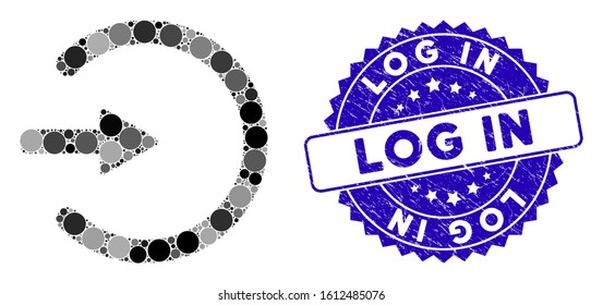 Mosaic entrance icon and grunge stamp seal with Log In text. Mosaic vector is created with entrance icon and with random spheric elements. Log In stamp seal uses blue color, and grunge texture.