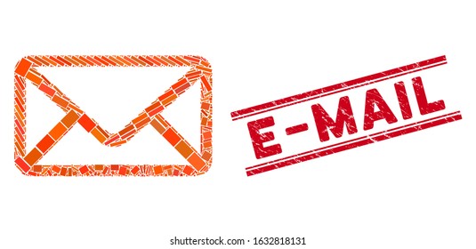 Mosaic envelope pictogram and red E-Mail seal stamp between double parallel lines. Flat vector envelope mosaic pictogram of randomized rotated rectangle elements.