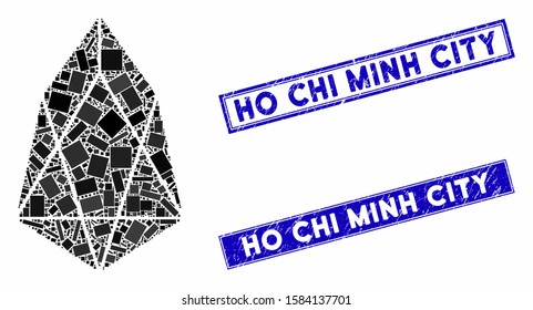 Mosaic eos currency icon and rectangle Ho Chi Minh City seal stamps. Flat vector eos currency mosaic pictogram of randomized rotated rectangle elements.