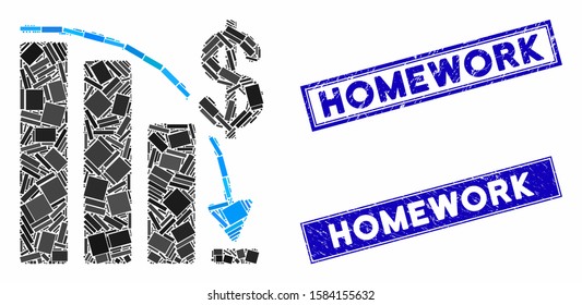 Mosaic epic fail pictogram and rectangular Homework watermarks. Flat vector epic fail mosaic pictogram of random rotated rectangular elements. Blue Homework rubber stamps with rubber textures.