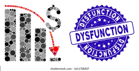 Mosaic epic fail trend icon and corroded stamp watermark with Dysfunction phrase. Mosaic vector is created with epic fail trend icon and with random circle items. Dysfunction seal uses blue color,