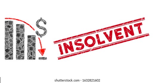 Mosaic epic fail trend icon and red Insolvent seal stamp between double parallel lines. Flat vector epic fail trend mosaic icon of scattered rotated rectangle elements.