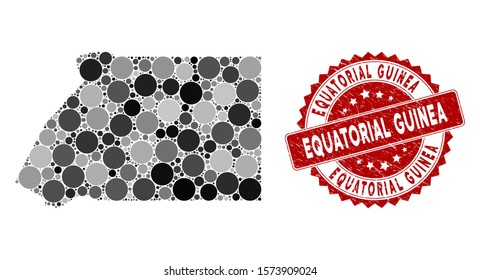 Mosaic Equatorial Guinea map and circle seal stamp. Flat vector Equatorial Guinea map mosaic of scattered spheric items. Red seal stamp with rubber design.