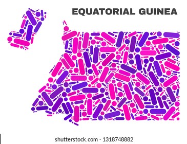 Mosaic Equatorial Guinea map isolated on a white background. Vector geographic abstraction in pink and violet colors. Mosaic of Equatorial Guinea map combined of scattered circle points and lines.
