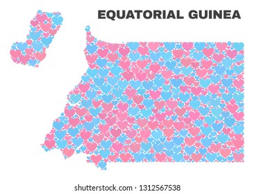 Mosaic Equatorial Guinea map of valentine hearts in pink and blue colors isolated on a white background. Lovely heart collage in shape of Equatorial Guinea map.