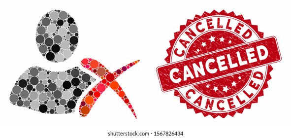 Mosaic erase and corroded stamp seal with Cancelled phrase. Mosaic vector is composed with erase icon and with randomized round items. Cancelled stamp seal uses red color, and grunged surface.