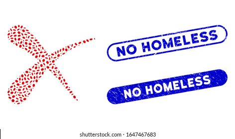 Mosaic erase and corroded stamp seals with No Homeless text. Mosaic vector erase is formed with scattered elliptic parts. No Homeless stamp seals use blue color, and have round rectangle shape.