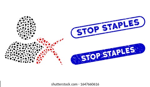 Mosaic erase and distressed stamp seals with Stop Staples phrase. Mosaic vector erase is created with randomized oval elements. Stop Staples stamp seals use blue color, and have round rectangle shape.