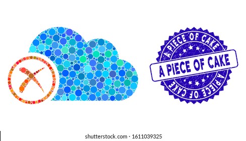 Mosaic erase icon and corroded stamp watermark with A Piece of Cake caption. Mosaic vector is designed with erase icon and with scattered circle elements. A Piece of Cake stamp uses blue color,