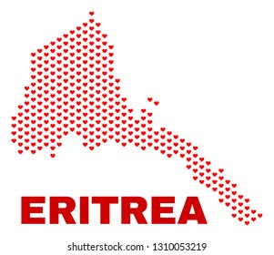 Mosaic Eritrea map of heart hearts in red color isolated on a white background. Regular red heart pattern in shape of Eritrea map. Abstract design for Valentine illustrations.