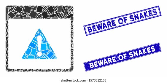 Mosaic error calendar page icon and rectangular Beware of Snakes watermarks. Flat vector error calendar page mosaic icon of random rotated rectangular elements.