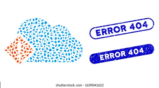 Mosaic error and grunge stamp seals with Error 404 phrase. Mosaic vector error is composed with random ellipse spots. Error 404 stamp seals use blue color, and have round rectangle shape.