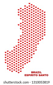 Mosaic Espirito Santo State map of valentine hearts in red color isolated on a white background. Regular red heart pattern in shape of Espirito Santo State map.