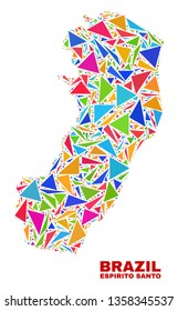 Mosaic Espirito Santo State map of triangles in bright colors isolated on a white background. Triangular collage in shape of Espirito Santo State map. Abstract design for patriotic purposes.