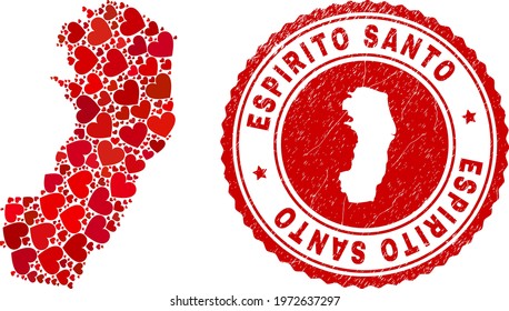 Mosaic Espirito Santo State map composed with red love hearts, and dirty seal stamp. Vector lovely round red rubber seal stamp imitation with Espirito Santo State map inside.