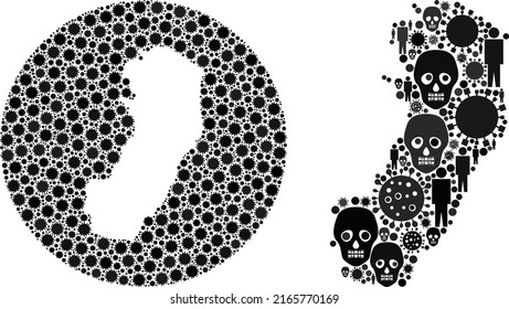 Mosaic Espirito Santo State map constructed from virus elements and humans and dead head elements. Pandemic virus Espirito Santo State map mosaic designed with sphere and cut out shape.