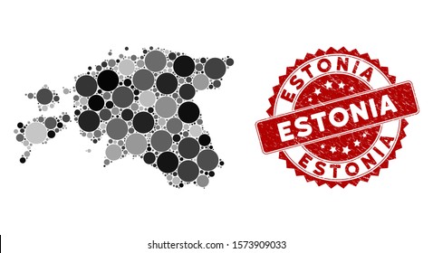 Mosaic Estonia map and circle rubber print. Flat vector Estonia map mosaic of scattered circle elements. Red rubber stamp with distress design. Designed for political and patriotic agitprop.