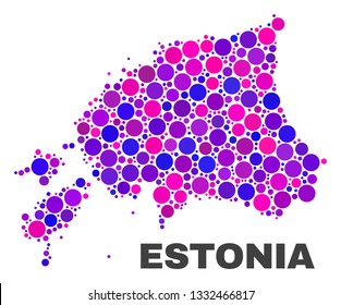 Mosaic Estonia map isolated on a white background. Vector geographic abstraction in pink and violet colors. Mosaic of Estonia map combined of random spheric points.