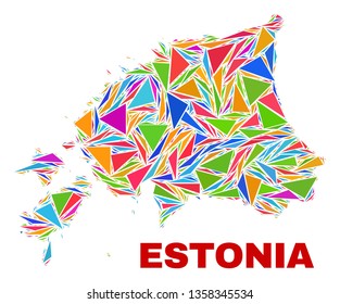 Mosaic Estonia map of triangles in bright colors isolated on a white background. Triangular collage in shape of Estonia map. Abstract design for patriotic decoration.