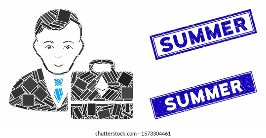 Mosaic Ethereum accounter pictogram and rectangle Summer stamps. Flat vector Ethereum accounter mosaic pictogram of random rotated rectangle items. Blue Summer stamps with dirty textures.