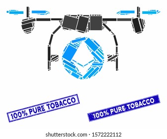 Mosaic Ethereum airdrone pictogram and rectangular 100% Pure Tobacco stamps. Flat vector Ethereum airdrone mosaic pictogram of random rotated rectangle elements.