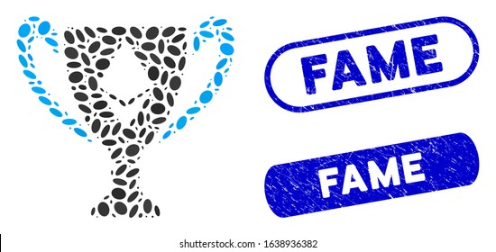 Mosaic Ethereum award cup and rubber stamp seals with Fame text. Mosaic vector Ethereum award cup is composed with scattered ellipse pieces. Fame stamp seals use blue color,