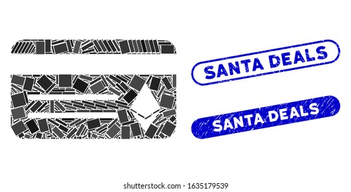 Mosaic Ethereum banking card and grunge stamp seals with Santa Deals text. Mosaic vector Ethereum banking card is composed with random rectangles. Santa Deals stamp seals use blue color,