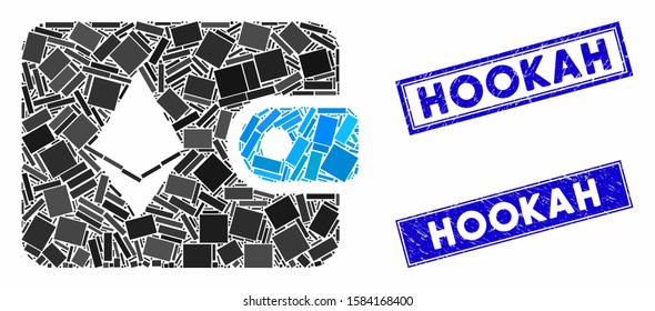 Mosaic Ethereum billfold icon and rectangular Hookah stamps. Flat vector Ethereum billfold mosaic icon of randomized rotated rectangular items. Blue Hookah seal stamps with grunged surface.