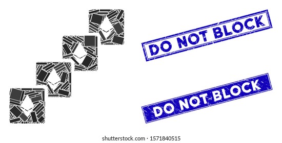 Mosaic Ethereum blockchain pictogram and rectangular Do Not Block seal stamps. Flat vector Ethereum blockchain mosaic icon of random rotated rectangular items.