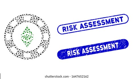 Mosaic Ethereum casino chip and corroded stamp seals with Risk Assessment text. Mosaic vector Ethereum casino chip is created with random elliptic dots. Risk Assessment seals use blue color,