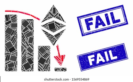 Mosaic Ethereum classic falling chart icon and rectangular seal stamps. Flat vector Ethereum classic falling chart mosaic icon of scattered rotated rectangular elements.