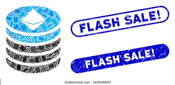 Mosaic Ethereum coin stack and corroded stamp watermarks with Flash Sale! phrase. Mosaic vector Ethereum coin stack is designed with scattered rectangle items. Flash Sale! stamp seals use blue color,